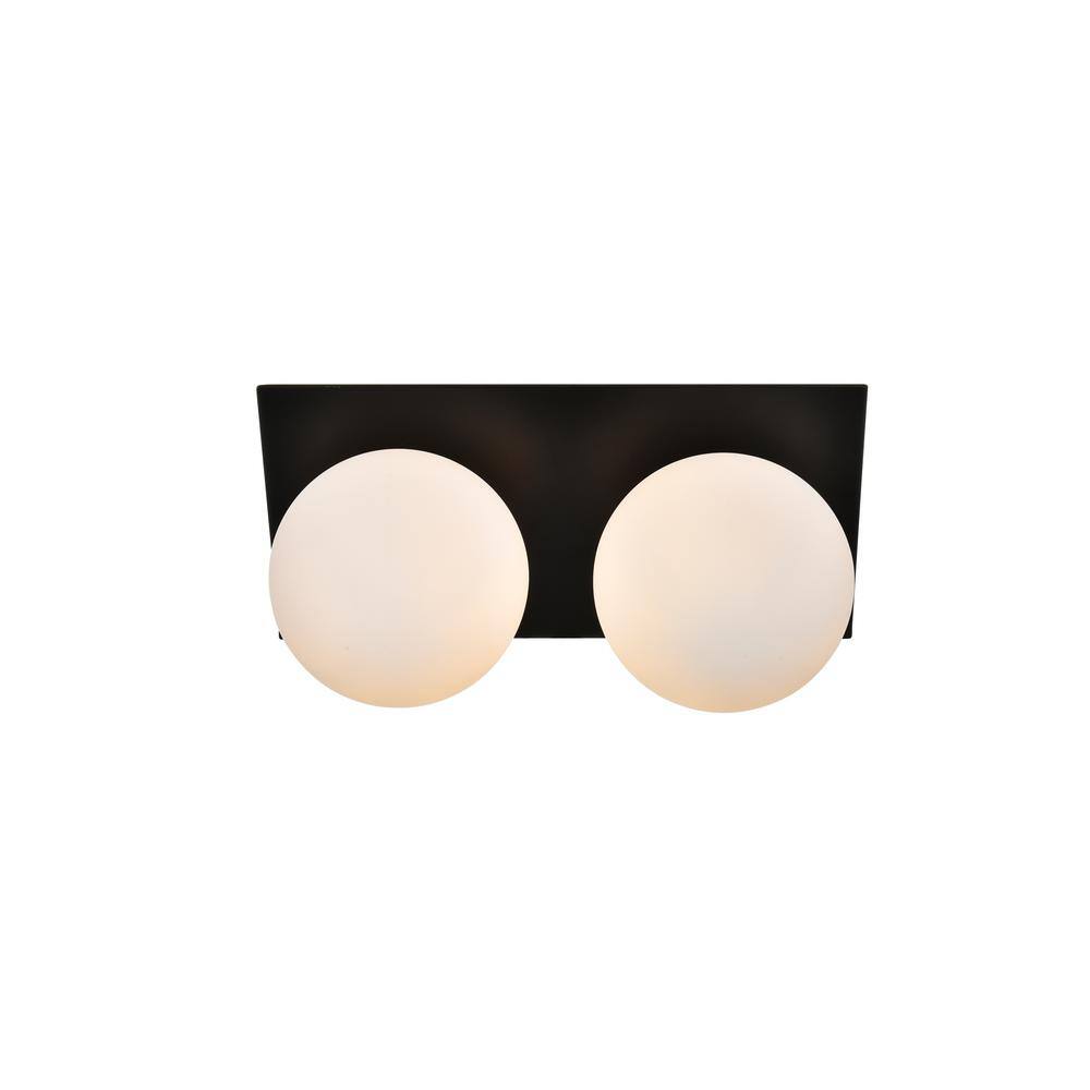 Simply Living 14 in. 2-Light Modern Black Vanity Light with Frosted White Round Shade