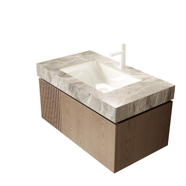 36 in. Single Sink Floating White Oak Bath Vanity with Light Gray Sintered Stone Top