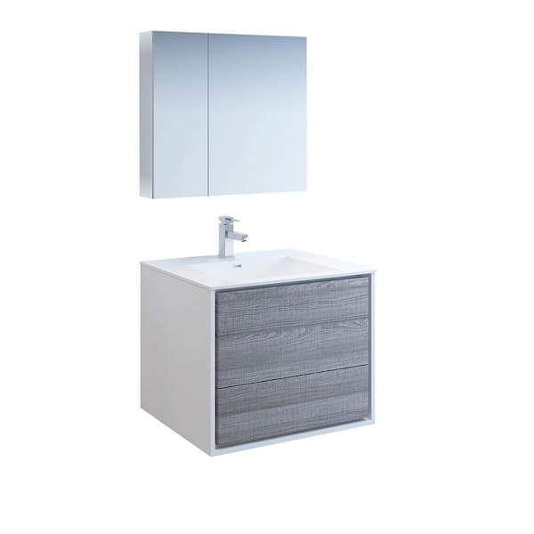 Fresca Catania 30 in. Modern Wall Hung Vanity in Glossy Ash Gray with Vanity Top in White with White Basin and Medicine Cabinet