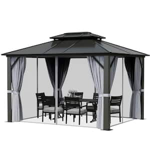 10 ft. x 12 ft. Outdoor Dual-Layer Galvanized Steel Gazebo with Netting and Curtains for Garden, Patio, Lawns