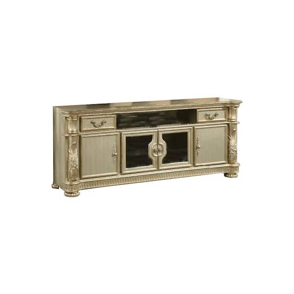 Benjara 83 in. Gold Wood TV Stand Fits TVs up to 80 in. with 2-Drawers and Center Glass Door
