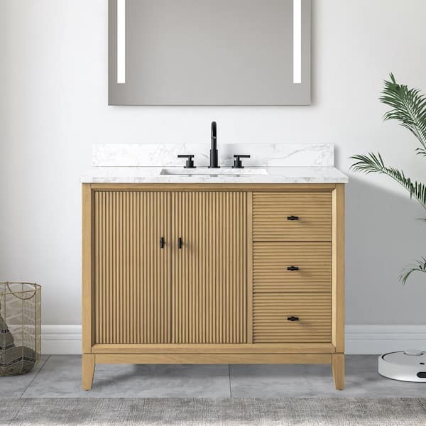 Vanity Art 42 in. W x 22 in. D Single Sink Freestanding Natural Oak Bath Vanity Cabinet with White Engineered Marble Top