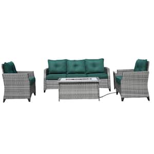 Emily 5-Piece Wicker Patio Gas Fire Pit Conversation Set with Green Cushions