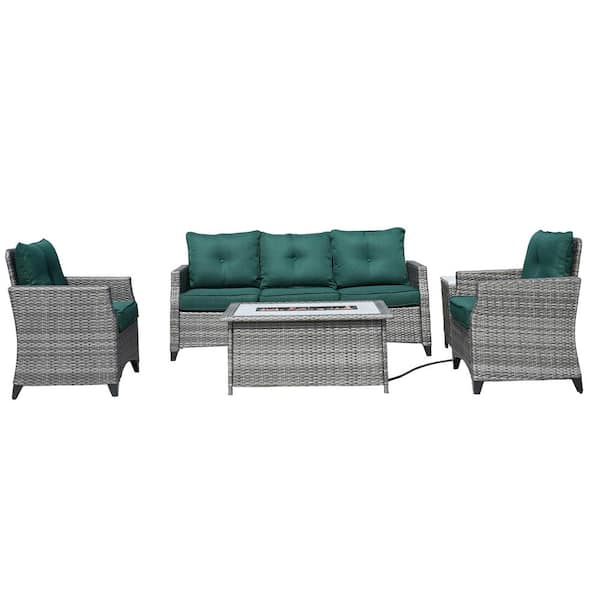 DIRECT WICKER Emily 5-Piece Wicker Patio Gas Fire Pit Conversation Set with Green Cushions