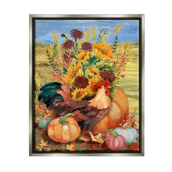 Stupell Industries Autumnal Rooster and Sunflowers Paul Brent 1 Piece Floater Frame Graphic Print Animal Poster Art Print 21 in. x 17 in.