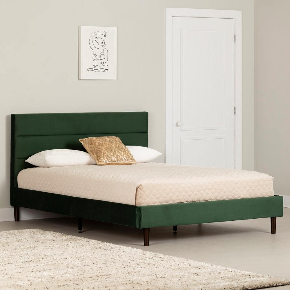 Green Velvet Upholstered Queen Platform Bed with Headboard