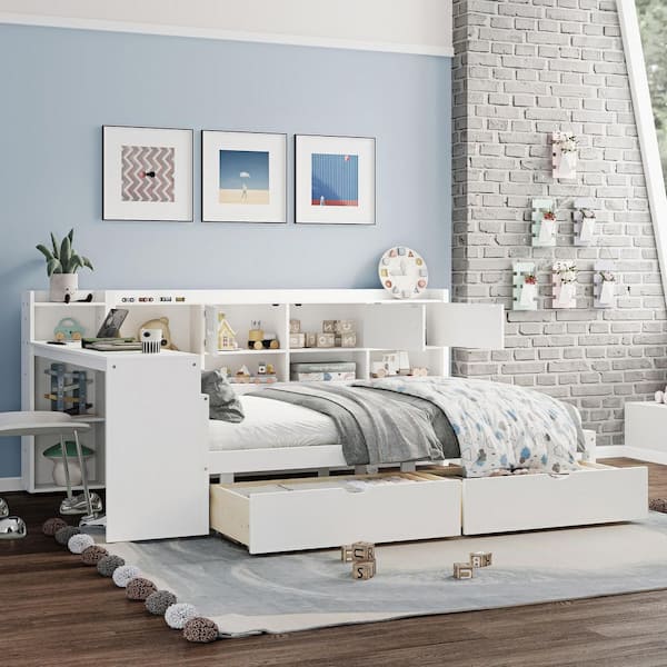 L-Shaped White Pine Frame Full Size Platform Bed with Drawer, Cabinet, Desk, Multi-Functional Platform Bed for Bedroom