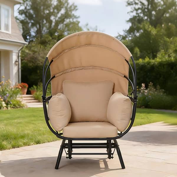 36 in. W Taupe Cushions Outdoor Rocking Egg Chair with Canopy, Black Steel Frame, Patio Rocker