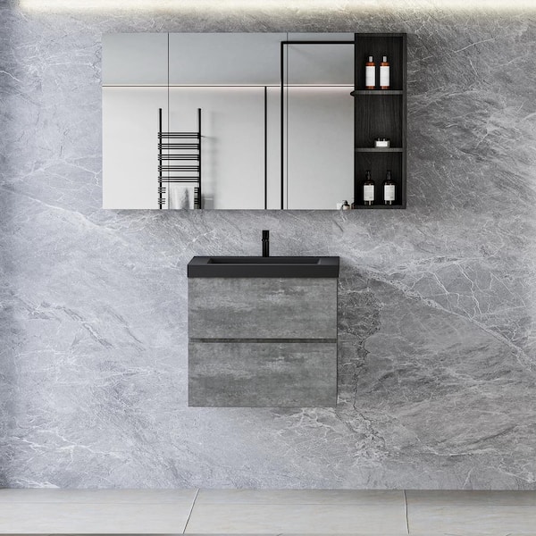 Staykiwi 23.62 in. W x 19.68 in. D x 22.44 in. H Single Sink Wall Mounted Bath Vanity in Grey with Black Solid Surface Top