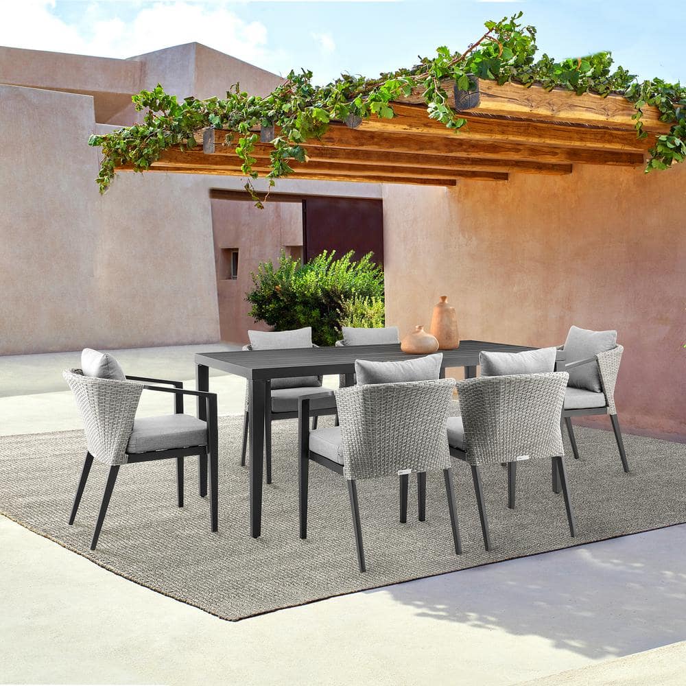Palma Black 7-Piece Aluminum and Wicker Outdoor Dining Set with Grey Cushio