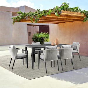 Palma Black 7-Piece Aluminum and Wicker Outdoor Dining Set with Grey Cushions