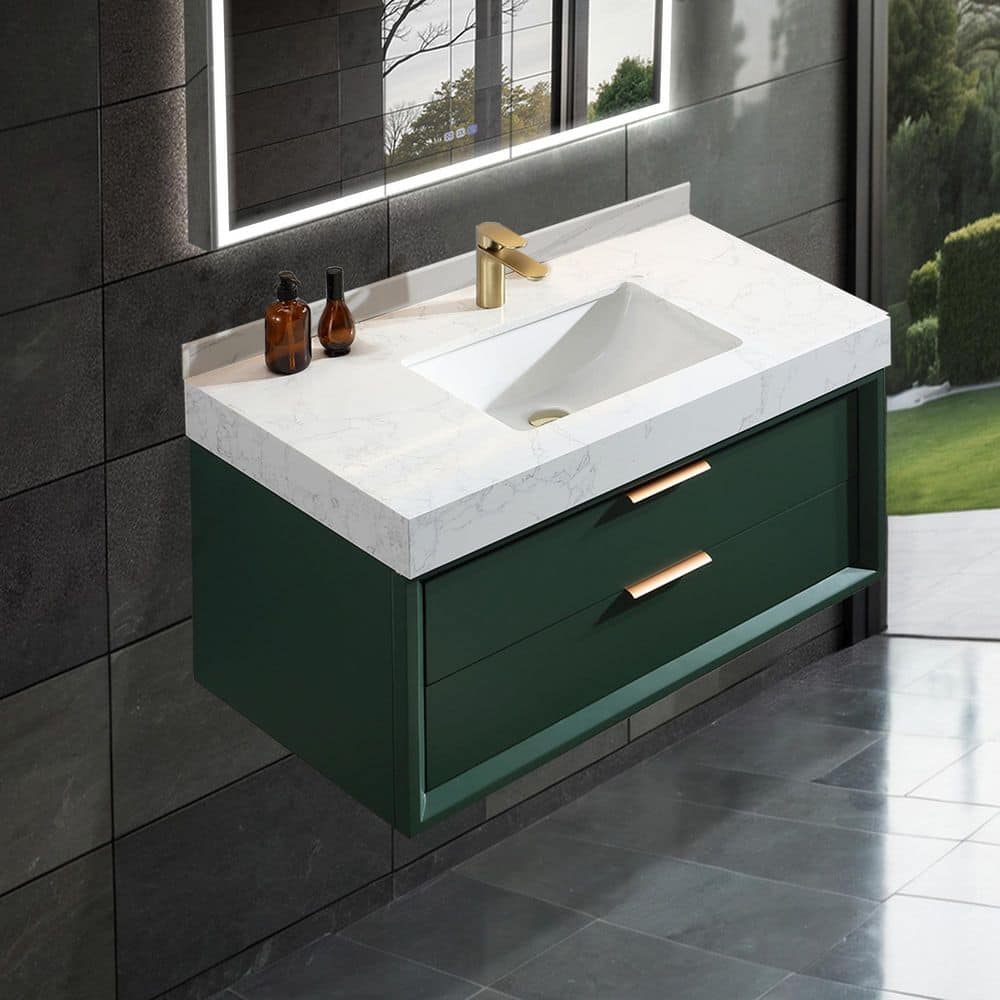 36 in. W x 20.7 in. D x 21.3 in. H Single Wall Hung Bath Vanity in Green Tone w/White Marble Countertop and Lights price history on PriceWatchPro