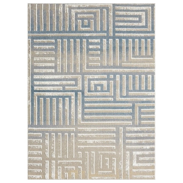 Elovia Modern Geometric Beige/Blue 2 ft. x 3 ft. Performance Washable Indoor Area Rug