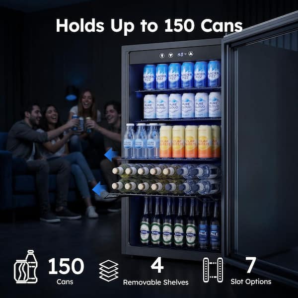 20.3 in Single Zone 145-Cans Freestanding Beverage and Wine Cooler in Black, Glass Door, Adjustable Shelves