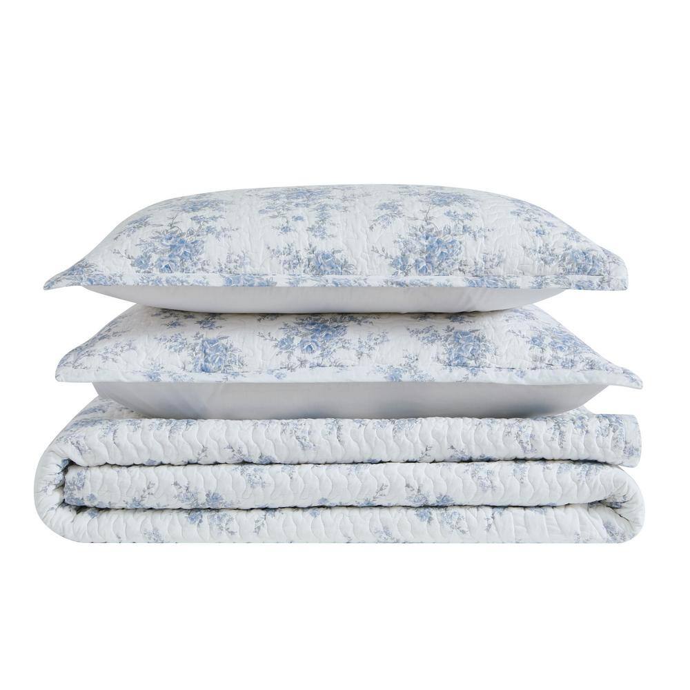 White and Blue Floral Cotton Full Quilt Set