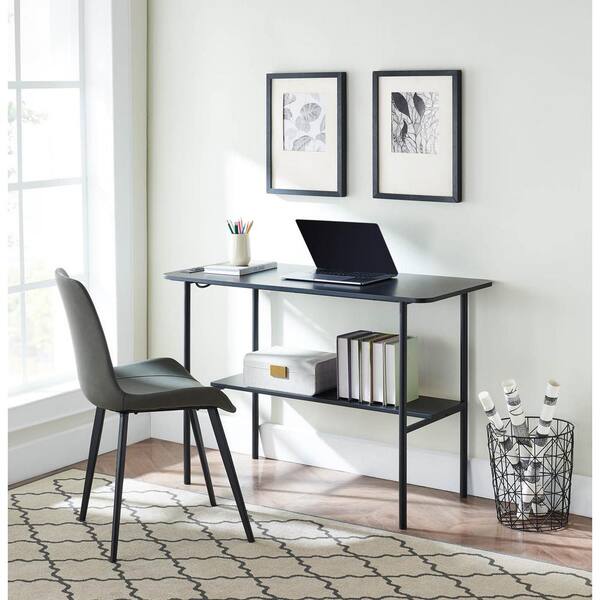 HEMSLY INC Minimalist 44.5 in. Rectangular Black Wood and Metal Writing Desk with USB Port & Shelf