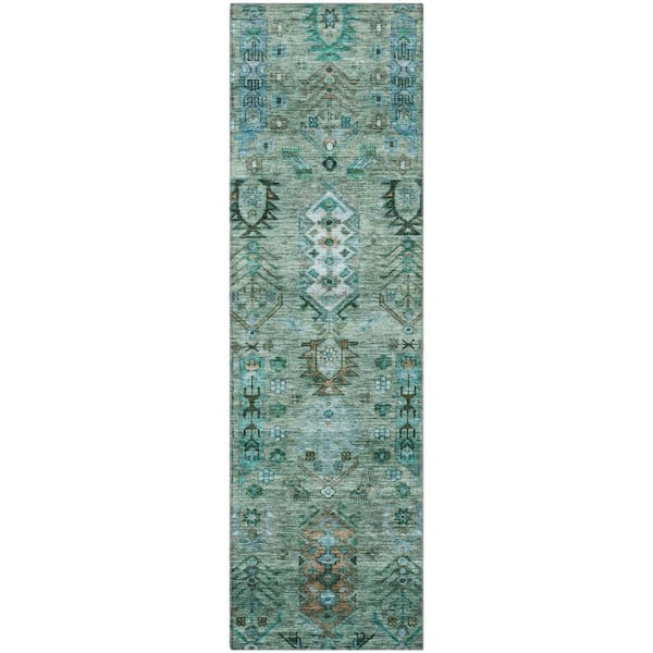 Mayfield Premium Machine Washable Abstract AMF2047 Green 2 ft. x 7 ft. Runner Rug