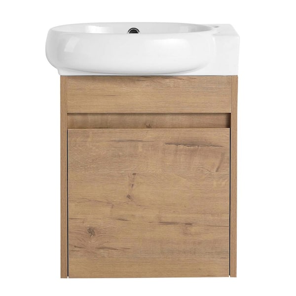 Unbranded 17 in. W x 12 in. D x 21 in.H Single Sink Wall Mounted Bath Vanity in Imitative Oak with Gloss White Ceramic Top