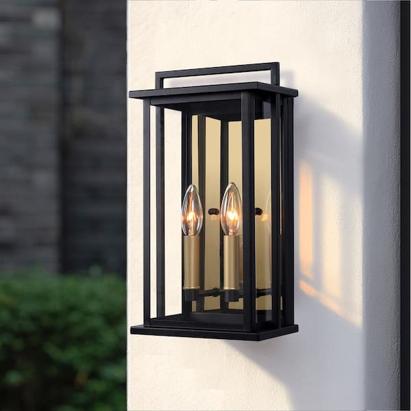 2-Light Black Dusk to Dawn Outdoor Wall Lantern Sconce with Mirror Glass