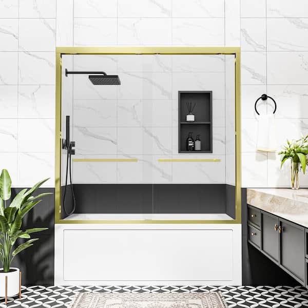 56-60 in. W x 58 in. H Double Sliding Framed Tub Door in Brushed Gold with Clear Tempered Glass