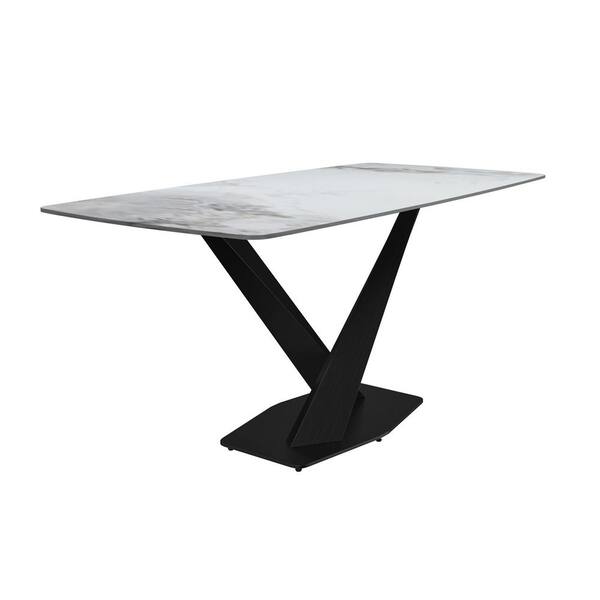 Leisuremod Voren Modern Medium Grey 55 in. Rectangular Sintered Stone Wide Top and Black Steel Pedestal Base Dining Table Seats 6