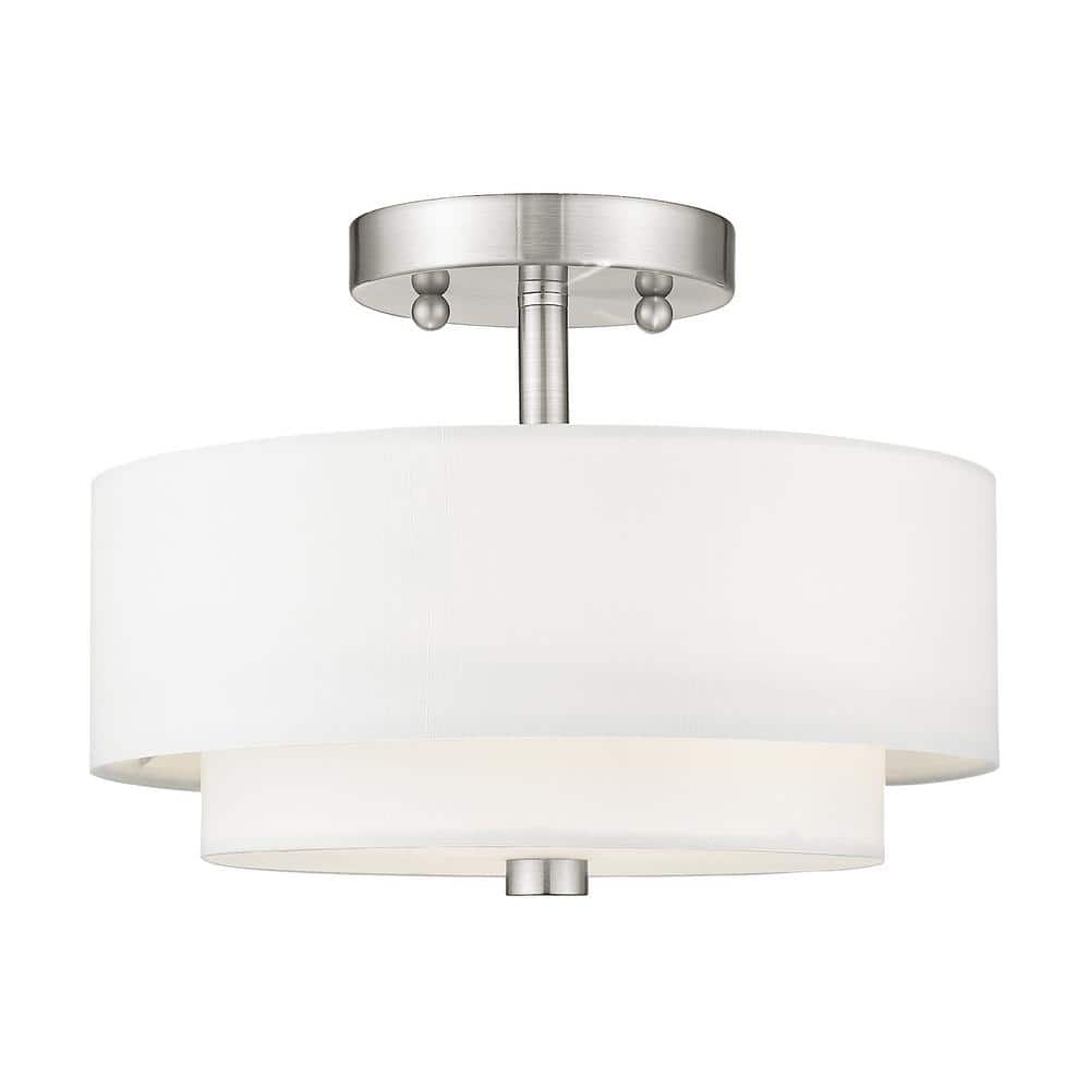 Claremont Brushed Nickel 2-Light Semi-Flush Mount with Off-White Drum Shade