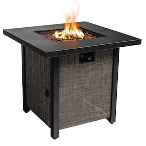 Square Propane Fire Pit Table with Textilene Side Panel, Steel Lid and Rocks, Black/Gray