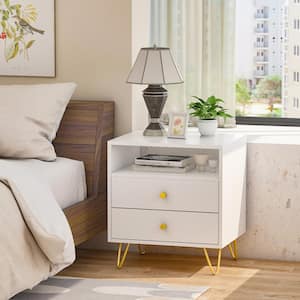 2-Drawer White Nightstands with Metal Legs and Open Shelf, Side Table Bedside Table 15.7 in. D x 19.6 in. W x 21.6 in. H