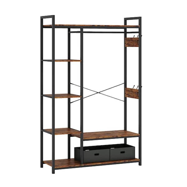 Yofe Rustic Brown Wooden Clothes Rack with Metal Frame Closet Organizer Portable Garment Rack with 2 Storage Box & Side Hook