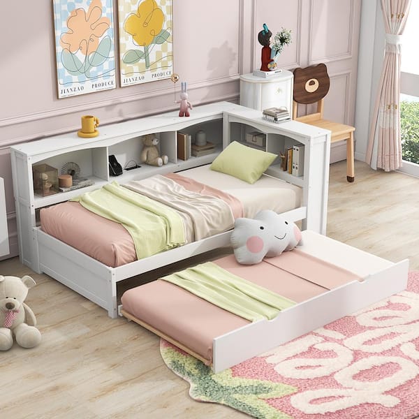 Nestfair White Twin Size Daybed with Trundle, Shelves and USB Ports