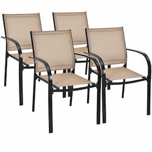Stackable Patio Black Fabric Metal Outdoor Dining Chair with Steel Frame and Quick-Drying (4-Pack)