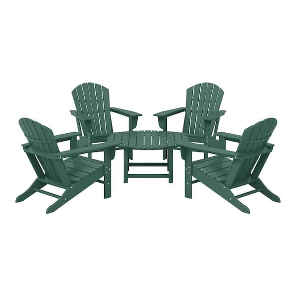 Altura Fade Resistant HDPE Plastic Green 5-Piece Adirondack Chair Outdoor Patio Conversation Set, Round Coffee Table