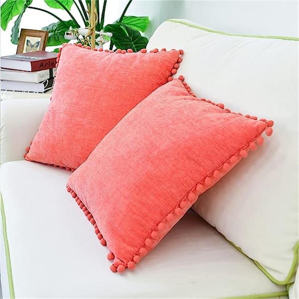 Outdoor Cozy Throw Pillow Covers Cases for Couch Sofa Home Decoration Solid  Dyed Soft Chenille Dusty Pink (4-Pack)