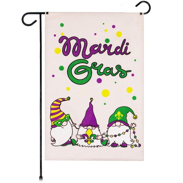 G128 1 ft. x 1.5 ft. Polyester Mardi Gras 3 Gnomes with Decor 2-Sided Garden Flag Printed Blockout