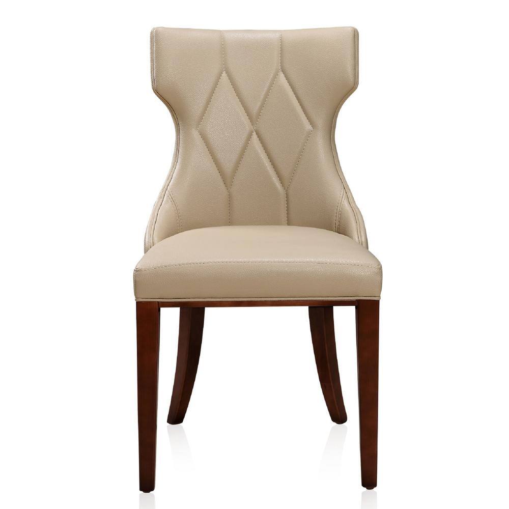 Reine Cream Faux Leather Upholstered Dining Side Chair Set with Walnut Wood Legs