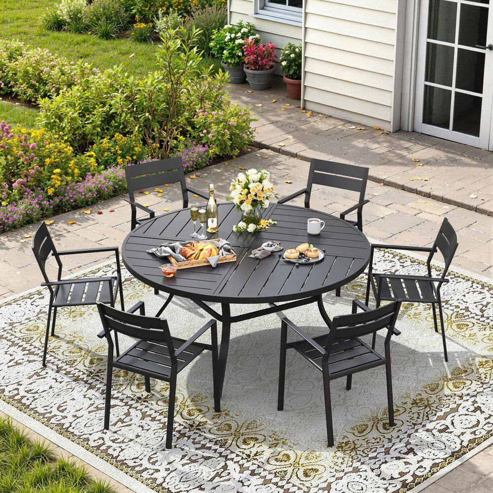 7-Piece Metal Outdoor Patio Dining Set with 50 in. Black Round Table and 6 Stackable Chairs in Black price history on PriceWatchPro