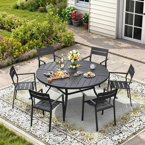 Vicllax 7-Piece Metal Outdoor Patio Dining Set with 50 Black Round Table and Stackable Chairs in Black