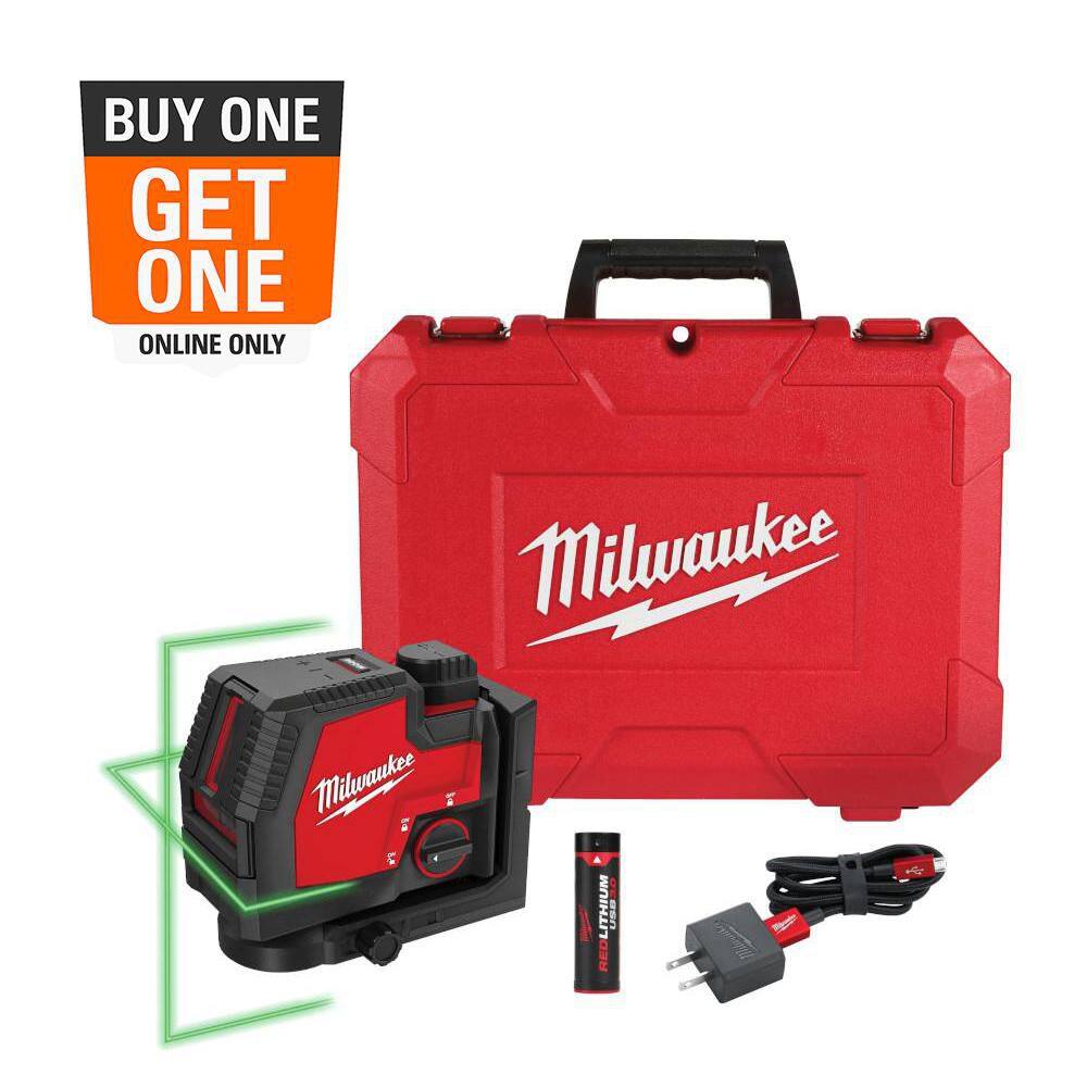 Milwaukee 100 ft. REDLITHIUM Lithium-Ion USB Green Rechargeable Cross Line Laser Level with Charger 3521-21