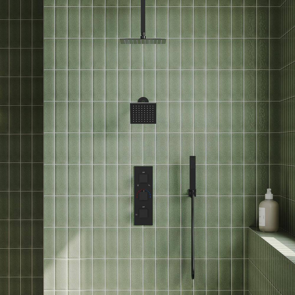 Matte Black 12" Ceiling Mounted Rainfall Shower System with Jets