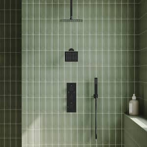 Luxury 3-Spray Patterns Thermostatic 12 in. Ceiling Mount Rainfall Shower Faucet and Dual Shower Heads with 6-Jet