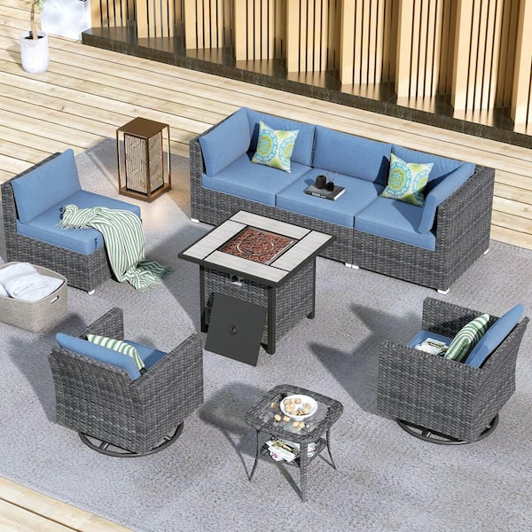 HOOOWOOO Messi Grey 8-Piece Wicker Outdoor Patio Fire Pit Conversation Sofa Set with Swivel Chairs and Denim Blue Cushions