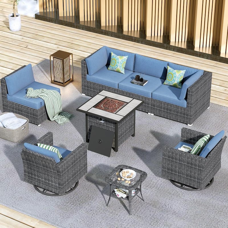 Messi Grey 8-Piece Wicker Outdoor Patio Fire Pit Conversation Sofa Set with Swivel Chairs and Denim Blue Cushions