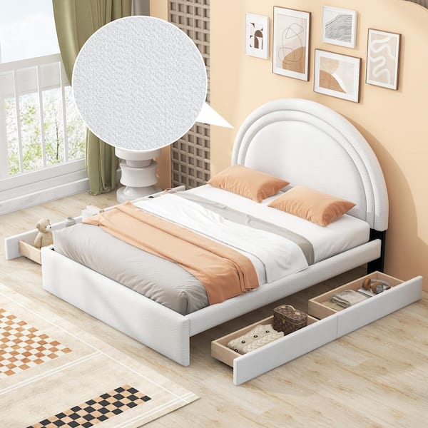 Harper & Bright Designs White Teddy Fleece Wood Frame Full Size Upholstered Platform Bed with 4-Drawer