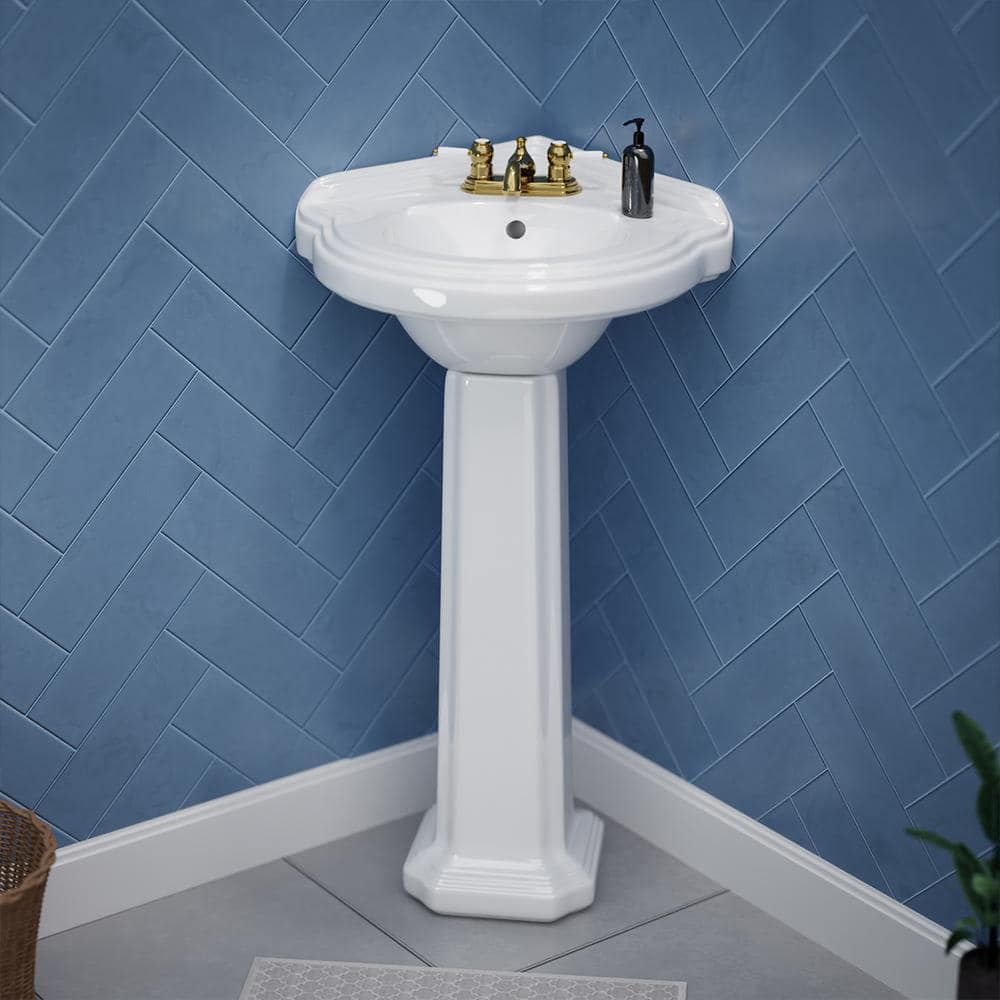 White Ceramic Corner Pedestal Bathroom Sink with Overflow