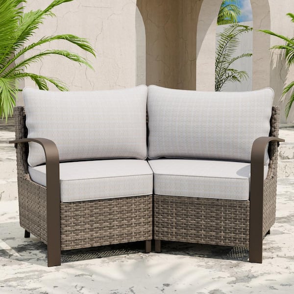 EAGLE PEAK 2-Piece Wicker Patio Curved Outdoor Conversation Set, Corner Sectional Sofa with Beige Cushions