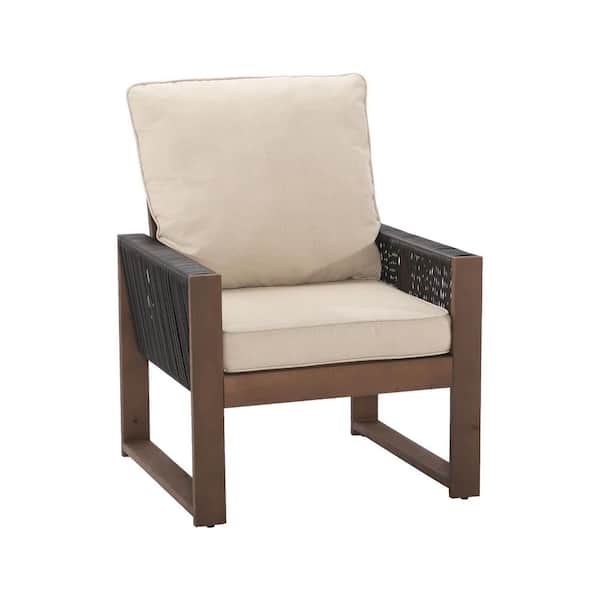 INMITOM Outdoor Patio Wooden Lounge Chair with Beige Cushions and Square Frame