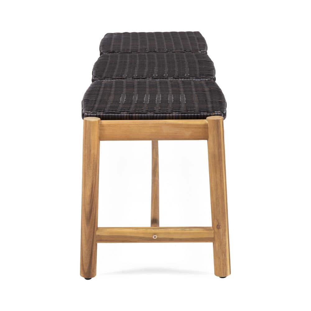 Teak Brown Acacia Wood & Woven Wicker Outdoor Bench