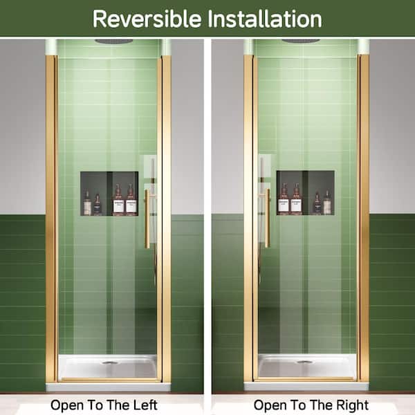 Oazis 26 in. W x 68 in. H Framed Pivot Shower Door in Gold Finish