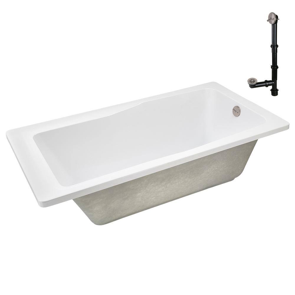 66'' Glossy White Acrylic Soaking Drop-In Bathtub with Brushed Nickel Drain