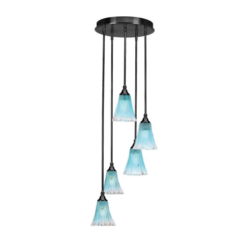 Villa 5 Light Matte Black Pendant, Cluster Pendant Light with 5.5" Teal